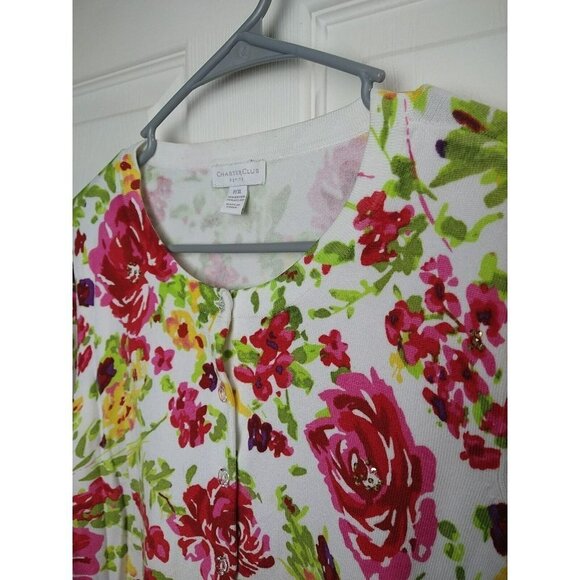 CHARTER Club White Red Flower Sequin Accent Button  round neck Cardigan Size PXL - Picture 3 of 11
